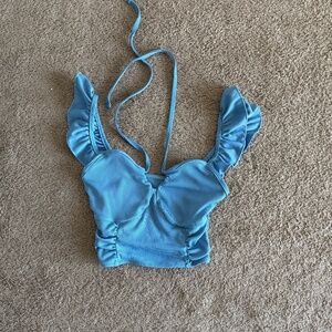Blue Ruffle Tie Strap Ribbed Crop Top